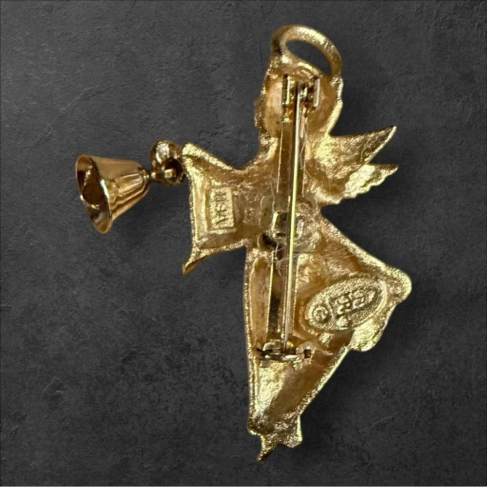 Vintage Robyn Rush Angel Bell Brooch - 1970s Frosted Christmas Pin